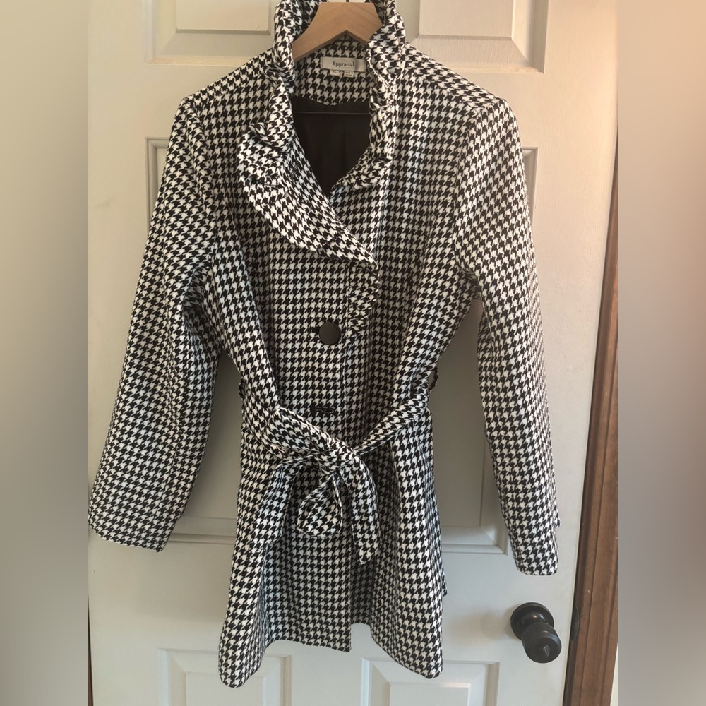 Women's Lightweight Ruffle Collar Black & White Houndstooth Jacket sz XL (L fit)